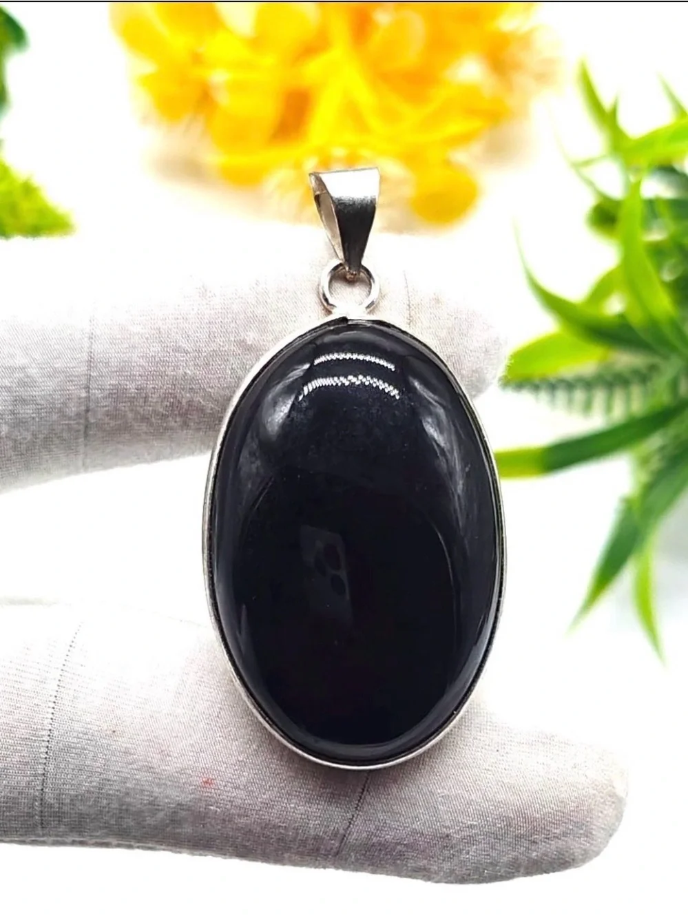 Natural Black Obsidian Oval Pendant 925Sterling Silver Bezel Gemstone Girls